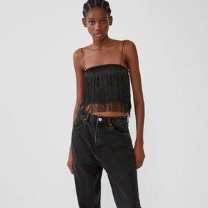 CROP TOP WITH FRINGE Black Zara